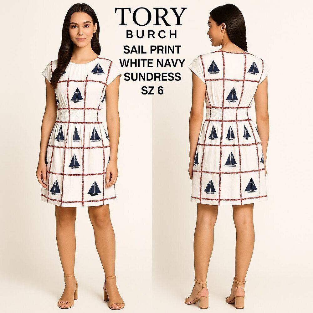 Tory Burch Sail Print Smocked-Waist Sundress White/Navy Cap-Sleeve – Size 6